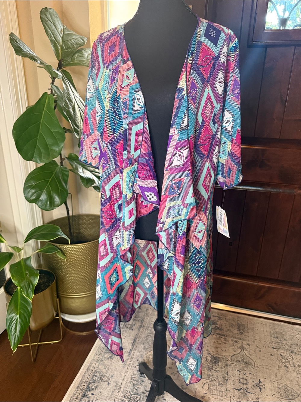 LuLaRoe Purple Teal Pink Geometric Print, Boho, Cardigan/Kimono Shirley NWT Sz S